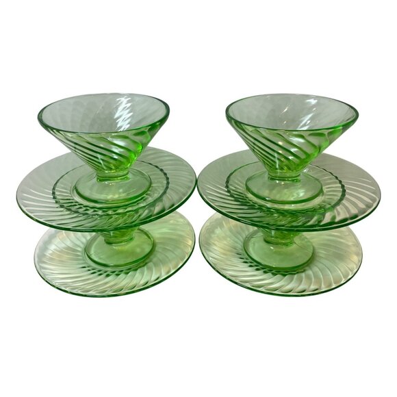 Vintage Green Spiral Depression Glass Dessert Sets - 4 Swirl Plates and 4 Matchi - Picture 3 of 15